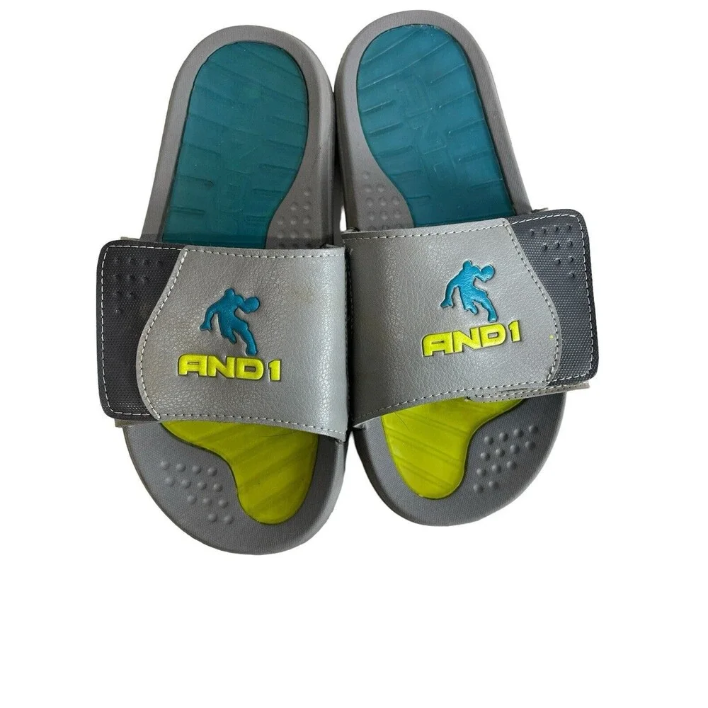 AND1 Boys Size 6 Strider Slide Adjustable Strap Sandal‎ Shoes Gel • Grey &Lime